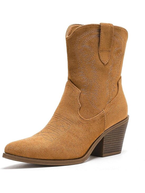 Shoes - Women's Brown Western Booties with Pointed Toe & Embroidery Stylish Short